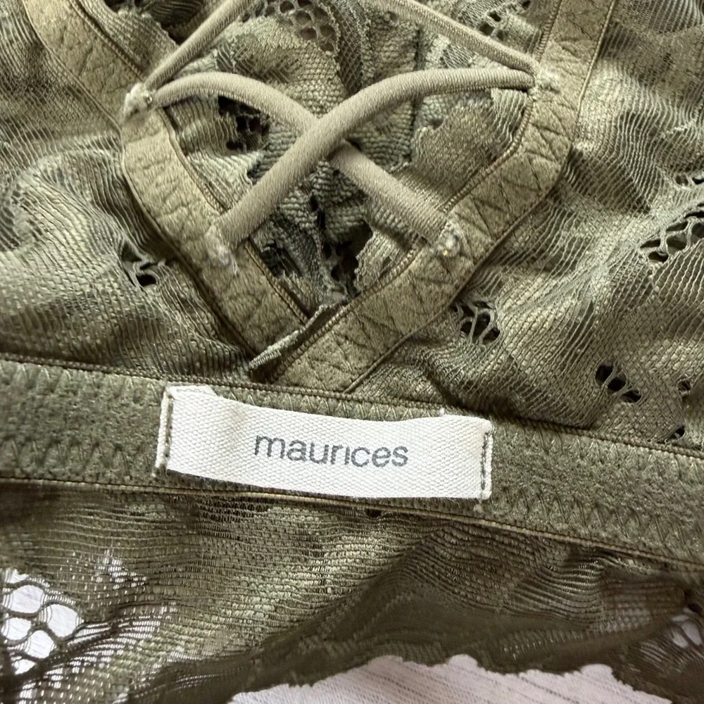 Maurices Women 1X Olive Green Lace Bralette G2107 Crisscross Back Boho Plus Size